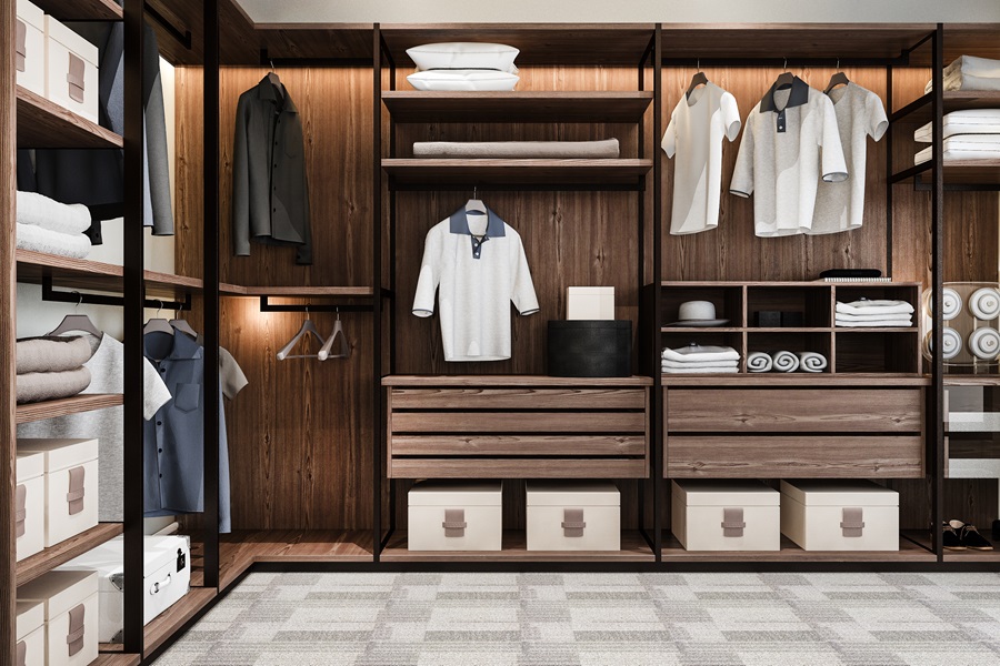 3d rendering minimal scandinavian wood walk closet with wardrobe